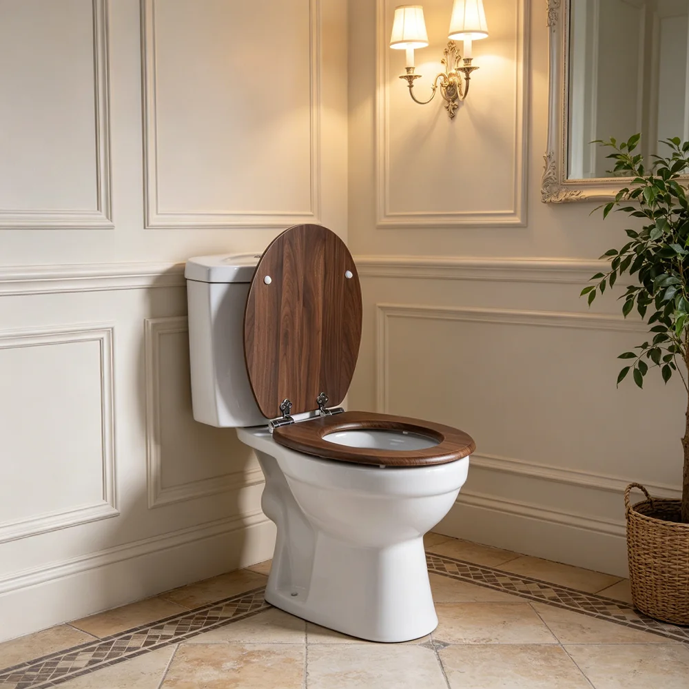 SINOBATH Universeller Toilettendeckel mit Absenkautomatik, WC-Sitz aus Holz, MDF-Toilettendeckel, Tragfähigkeit bis 190 kg, Zinklegierungsscharnier, antibakteriell und leicht zu reinigen, geeignet für 18-Zoll-Toiletten – Detail 2