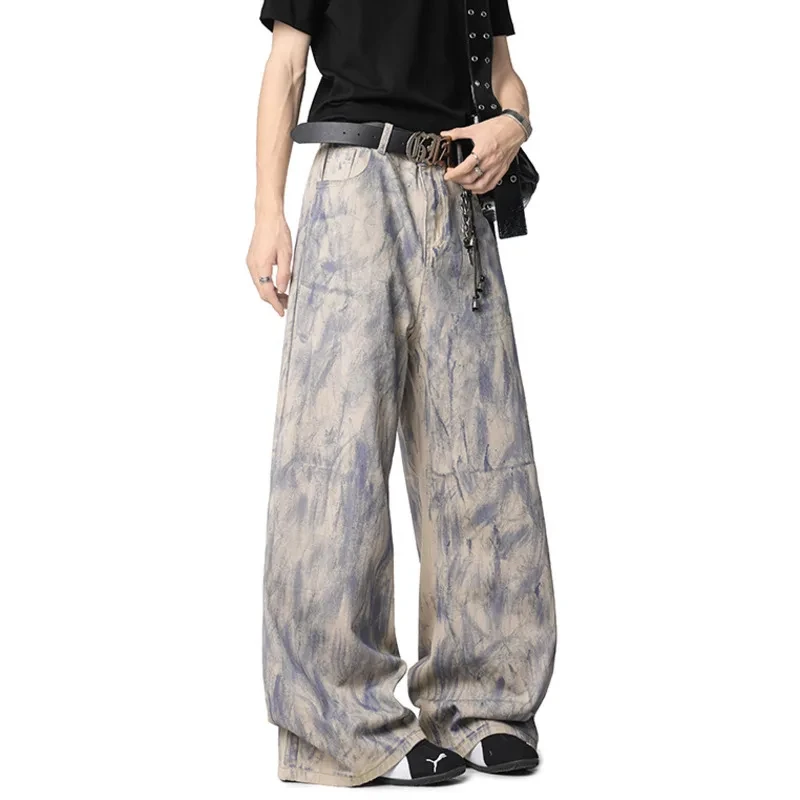 กางเกงยีนส์ผู้ชายดีไซน์เฉพาะตัว ลายกราฟฟิตี้สีสันสดใส สไตล์ลำลอง ทรงตรง แมทช์ได้กับทุกชุด เหมาะสำหรับฤดูใบไม้ผลิ