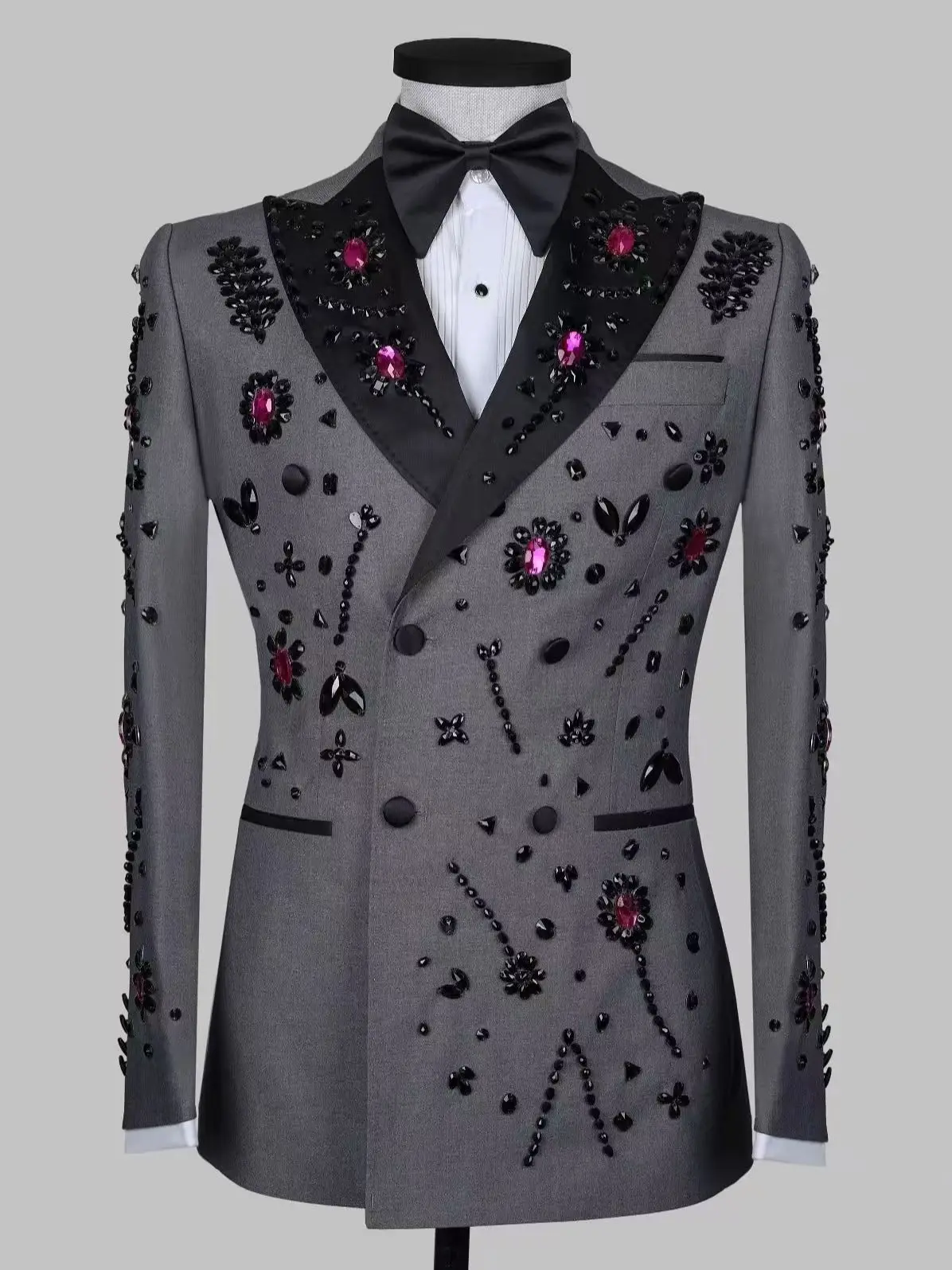 

Grey Men Suits Set 2 Pcs Blazer+Black Pants Trousers Guest Wedding Tuxedos Golden Stone Crystals Formal Office Groom Jacket Coat