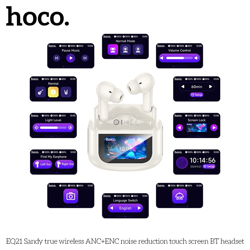 HOCO EQ21 ANC Active Noice Cancellation Bluetooth Earphones ENC Call HIFI Stereo Wireless Earbuds Sport Gaming With Touch Screen