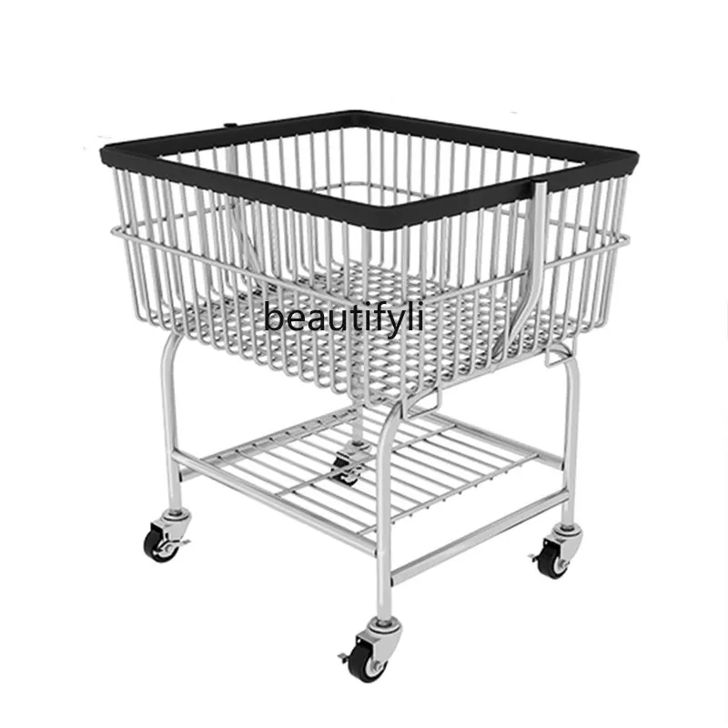 

yj Simple Modern Metal Laundry Basket Mesh Basket Mobile Clothes Rack with Wheels