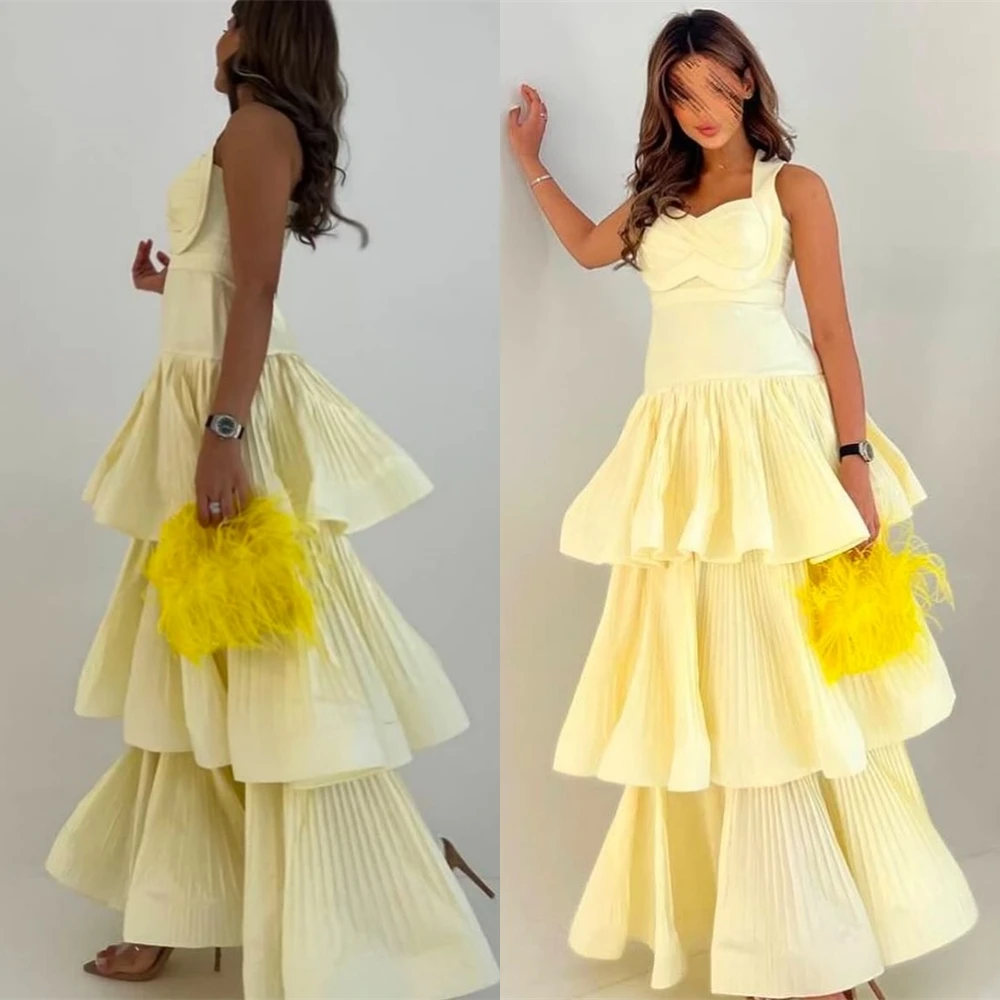 

Customized Delicate yellow Jersey Evening Dress Elegant Graceful Strapless Spaghetti Straps Prom Dress Modern Homecoming Dress