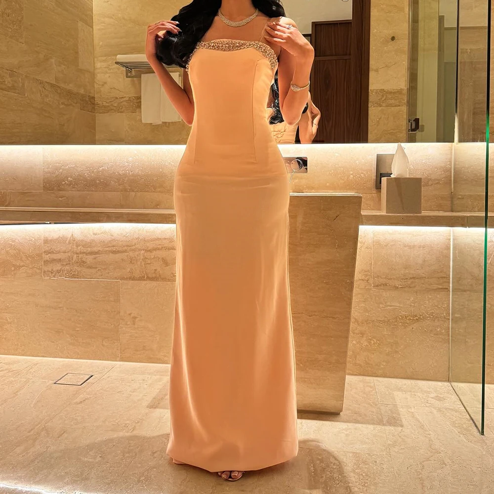 

Customized A-line Evening Dresses Floor-length Strapless Sleeveless Prom Gown Fashion Crystal Simple Draped Backless Party Gown