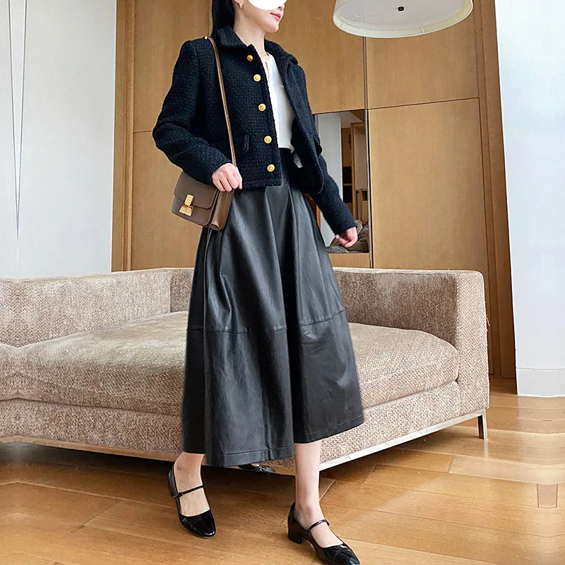 Women High Waist Long Leather Skirt With Button A Line Black Midi Soft Light Faux Leather Skirts for Female Spring Autumn