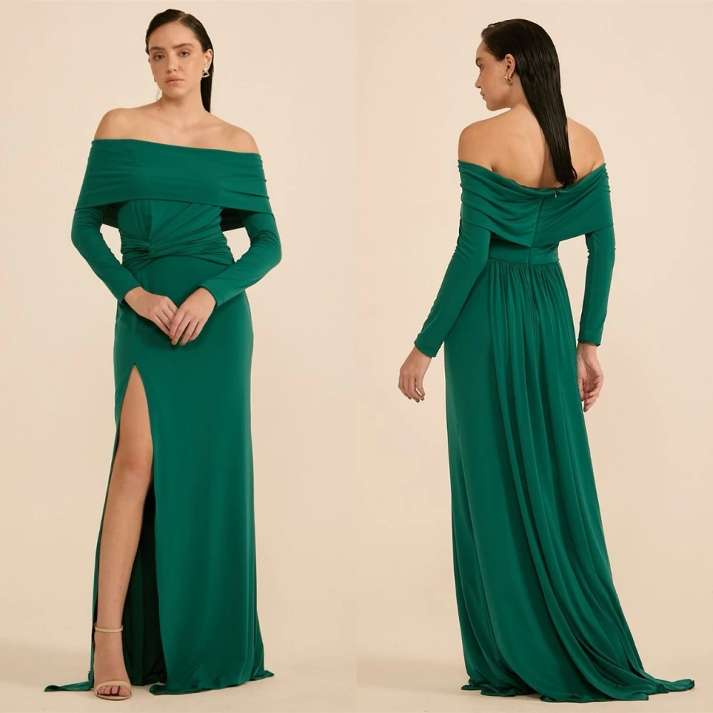 Gaun Malam Jersey Hijau Klasik Kustom Gaun Malam Gaun Selebriti Lengan Panjang Bahu Terbuka Lembut