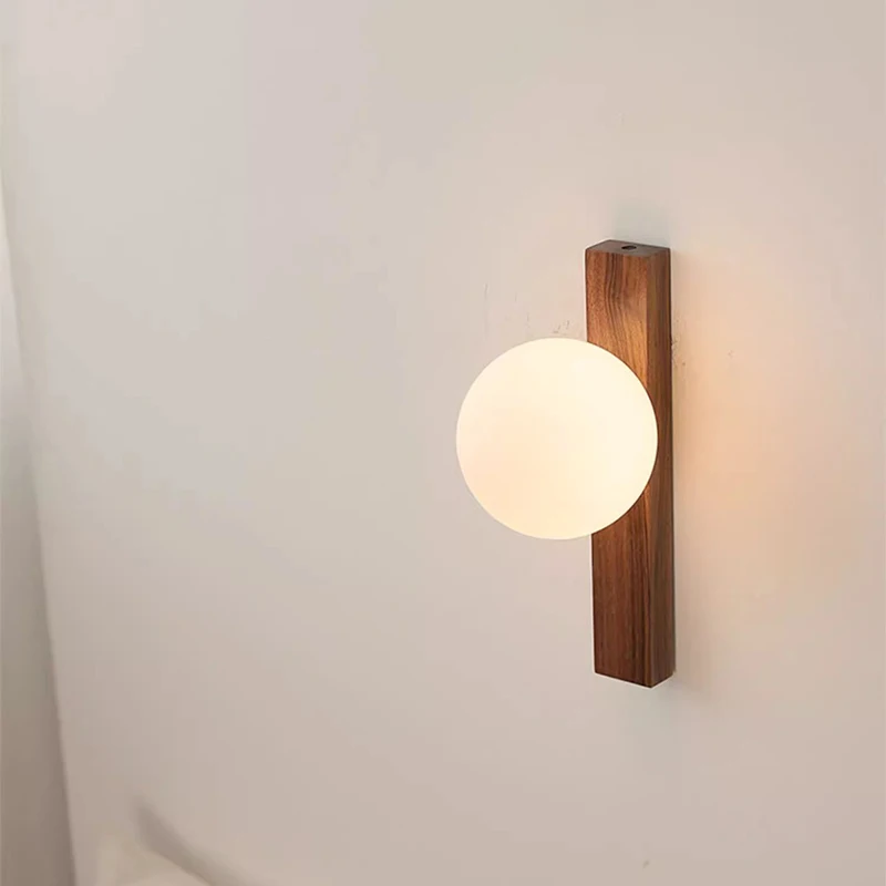 

Minimalist Walnut Wood Milky White Glass Ball Wall Lamp Corridor Hallway Aisle Balcony Living Room Bedroom Bedside Wall Sconce