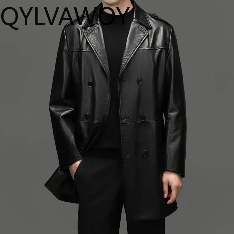 QYLVAWOY Cowhide Leather Jacket Men High-end Real Leather Trench Coat 2025 Autumn Winter Jackets Lapel Mens Jacket Stylish 가죽점퍼