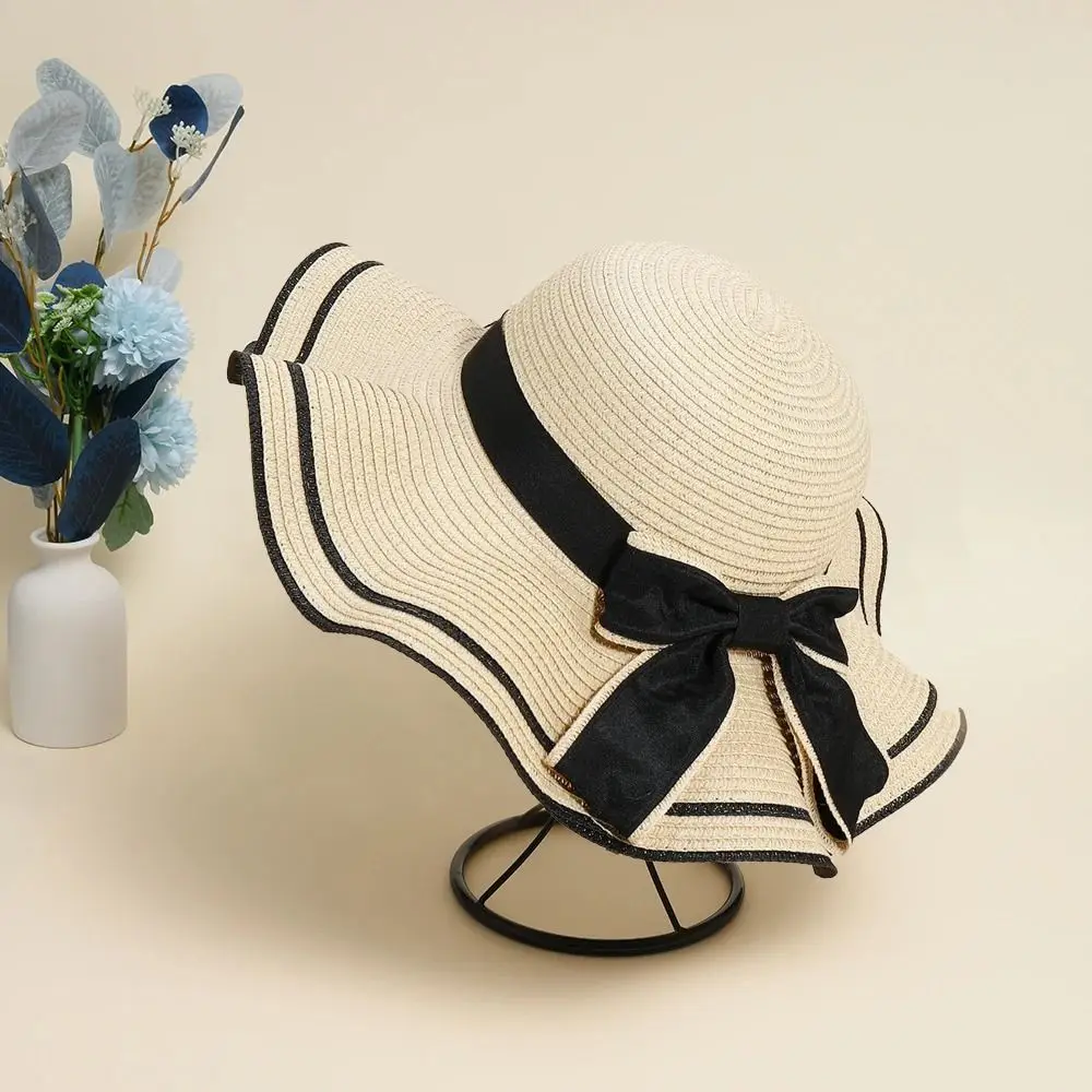 New Summer Women Sun Hat Casual Fashion Bowtie Fisherman Hat Straw Hat UV Protect Travel Beach Hat