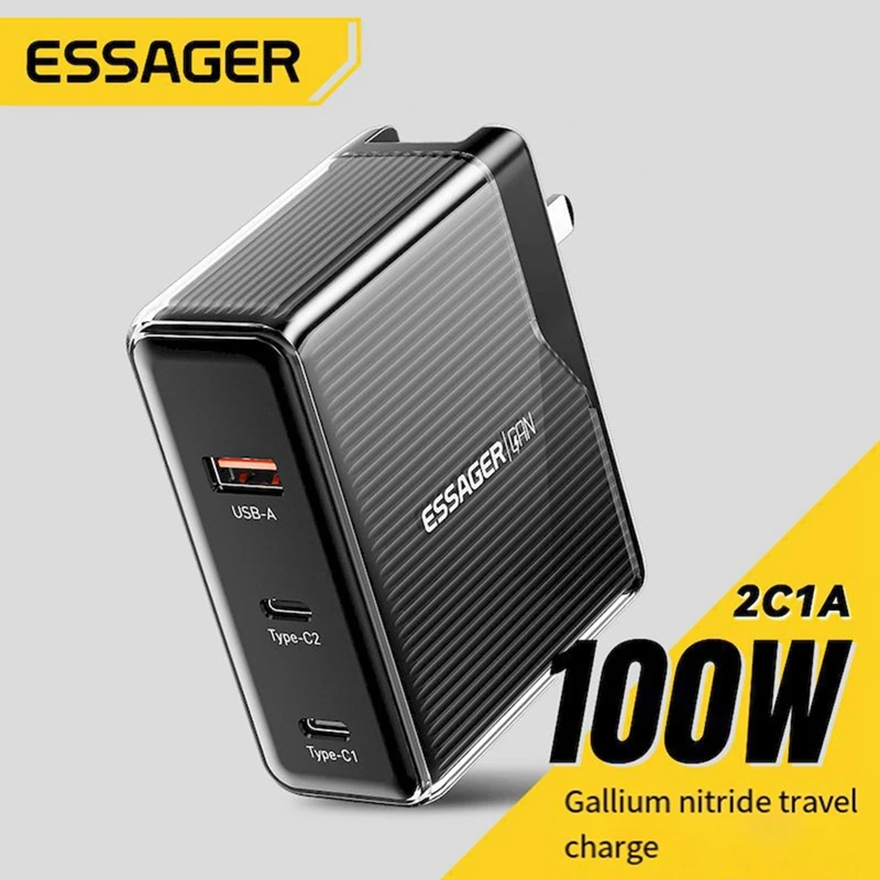 Essager 100W GAN USB Type C ที่ชาร์จแบบตั้งโต๊ะชาร์จเร็วที่ชาร์จแบบหลายพอร์ต ABS + PC สำหรับโทรศัพท์ iPhone Xiaomi ปลั๊กแบบ US
