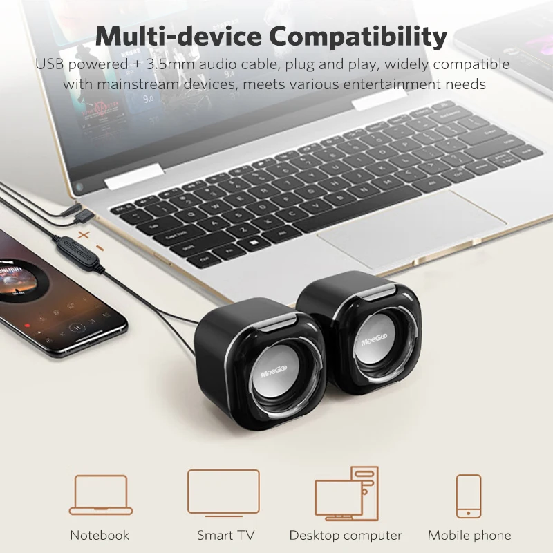 MeeGoo 2.0 Desktop Wired Speakers, 2*3W Stereo Sound, USB Powered, 3.5mm Audio Jack, Volume Control, Black/White
