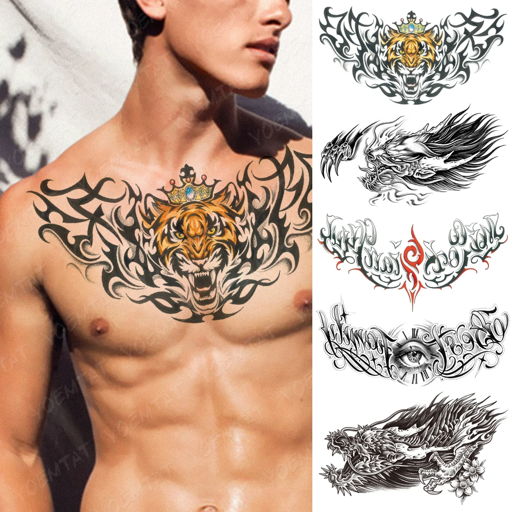 

Colorful Large Chest Tattoo For Men Crown Tiger Flame Waterproof Temporary Tatoo Sticker Back Art Designs Women Fake Tattoos