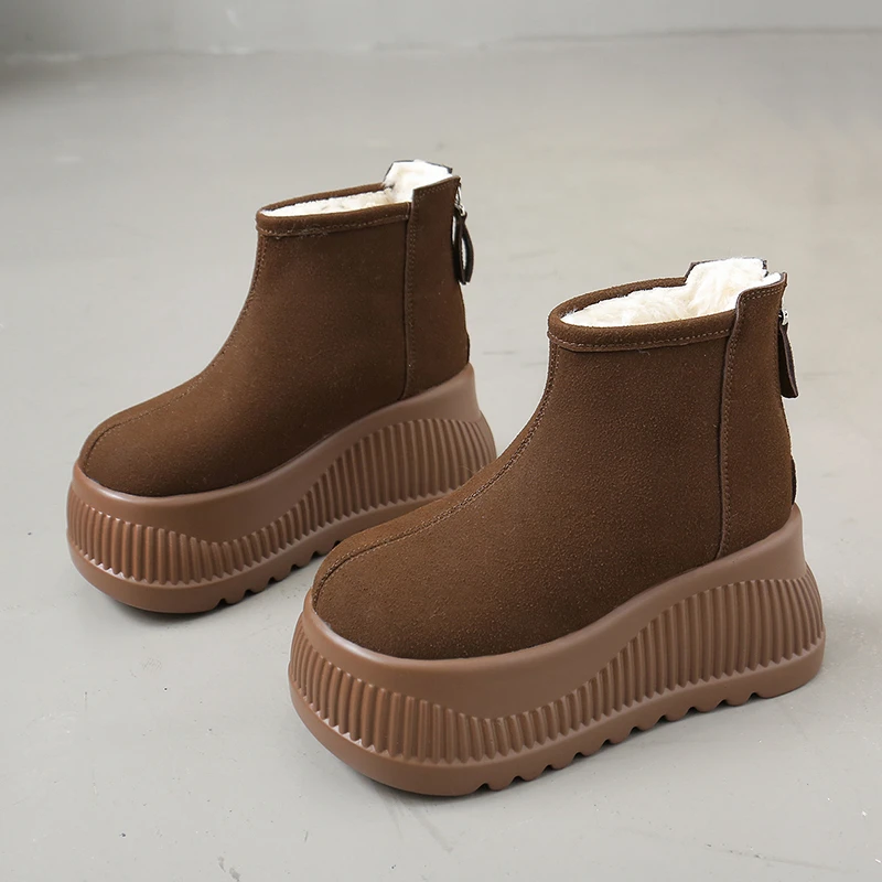 

8.5CM Women's Winter Thick Bottom Leather Snow Boots NEW 2025 Keep Warm Cotton Shoes Short Elastic Slim Booties Zapatos Mujer