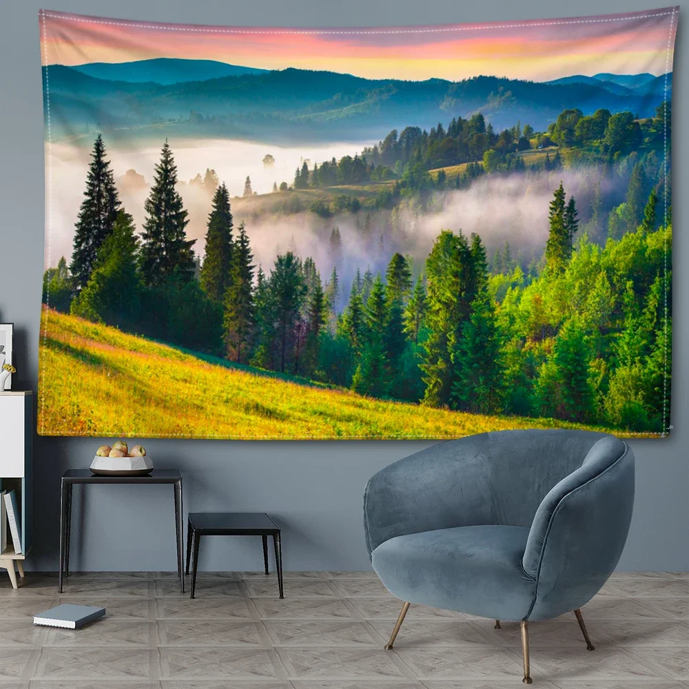 HD-Mountain Mist Forest Tapestry – Natural Scenery Wall Hanging Art for Bedroom, Study or Living Room Home Decoration