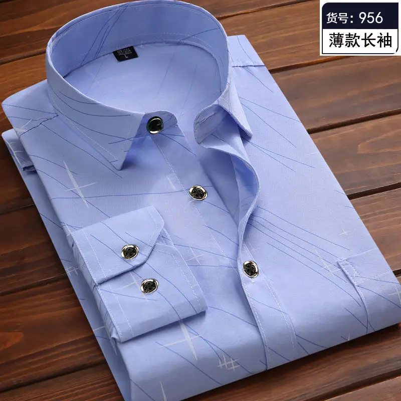 2024 Summer Men Long Sleeve Business Shirt Solid Color Printed Front Patch Chest Pocket Regular-fit Work Shirt Casual Shirt