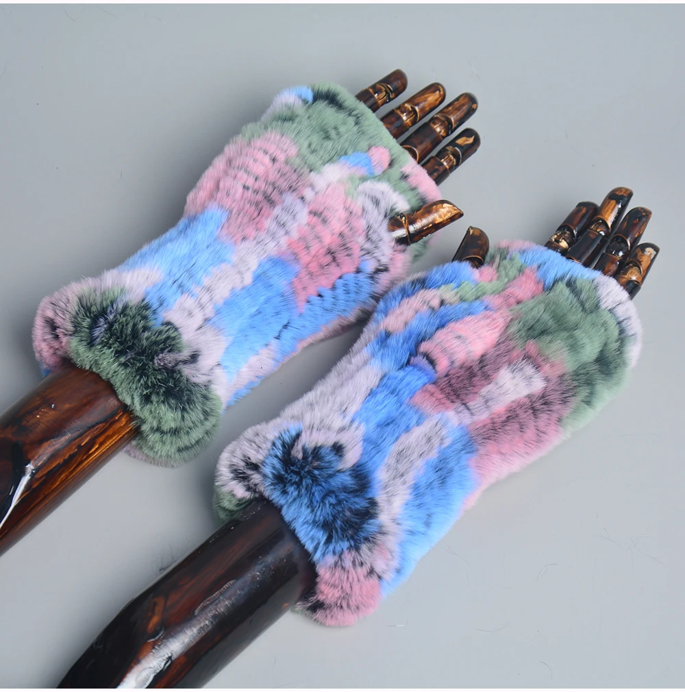 New Women 100% Real Genuine Knitted Rex Rabbit Fur Mittens Winter Warm Lady Real Fur Fingerless Gloves Handmade Knit Fur Mitten