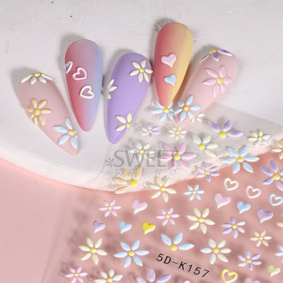 5D Embossed Flower Colorful Nail Stickers Simple DIY Wildflower Sliders Sunflower Daisy Spring Engraved Art Manicure Decals image 5
