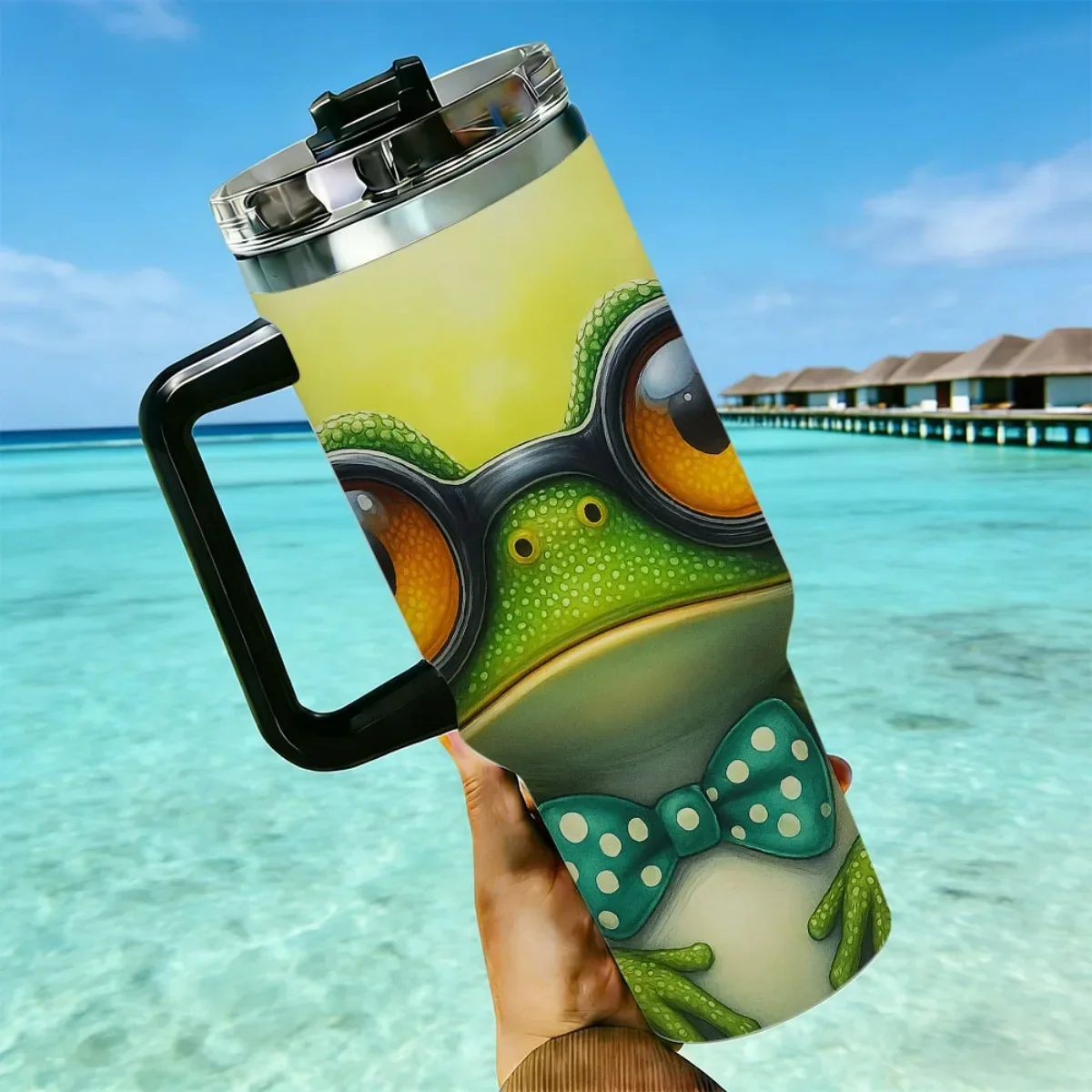 40oz Tumbler with Handle Cute Frog Daisy Butterfly Print Insulated Cup, Other colors sold out, random black or white shipment for other color orders