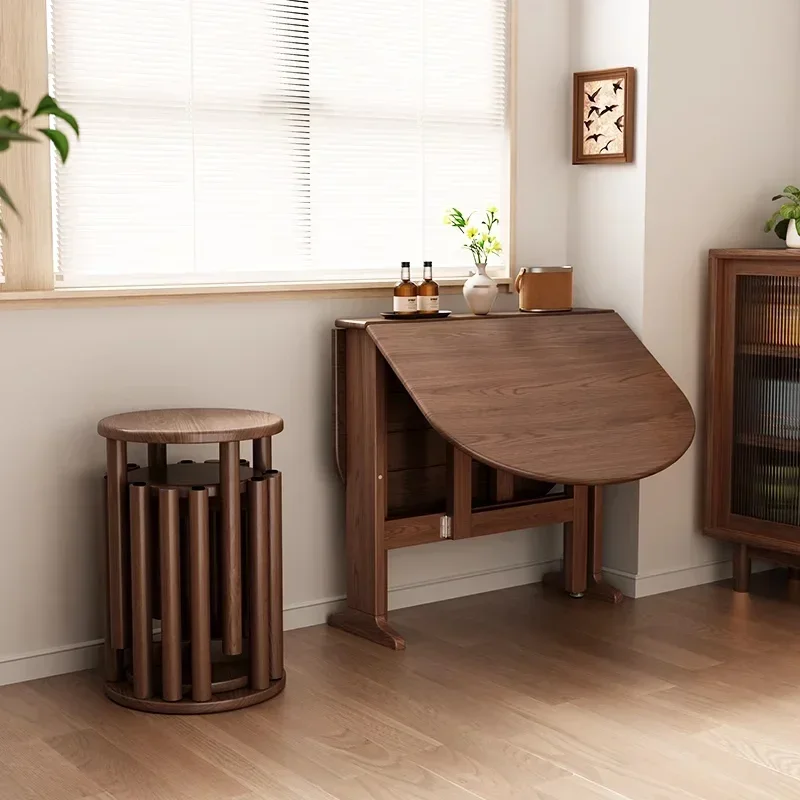 Solid wood dining table foldable, oval household folding round table, small apartment dining semicircular dining table