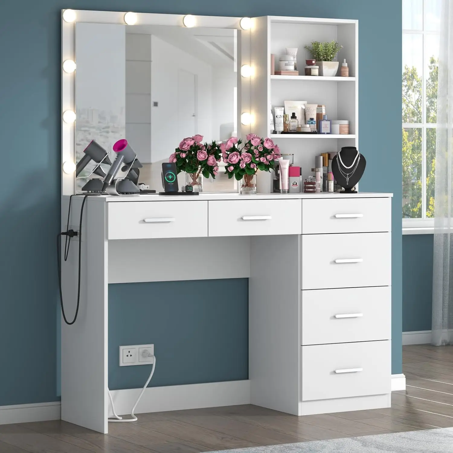 

Vanity Desk with Lights, 6-Drawers with Power Strip and Storage Shelves, Dressing Table with Lighted Mirror for Women Girls