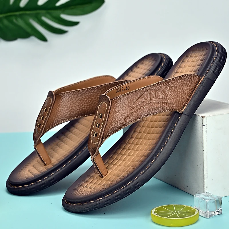 

Men Top Grain Leather Flip Flops Genuine Leather Thong Sandals Flat Sole Outdoor Durable Non Slip Beach Walking Footwear