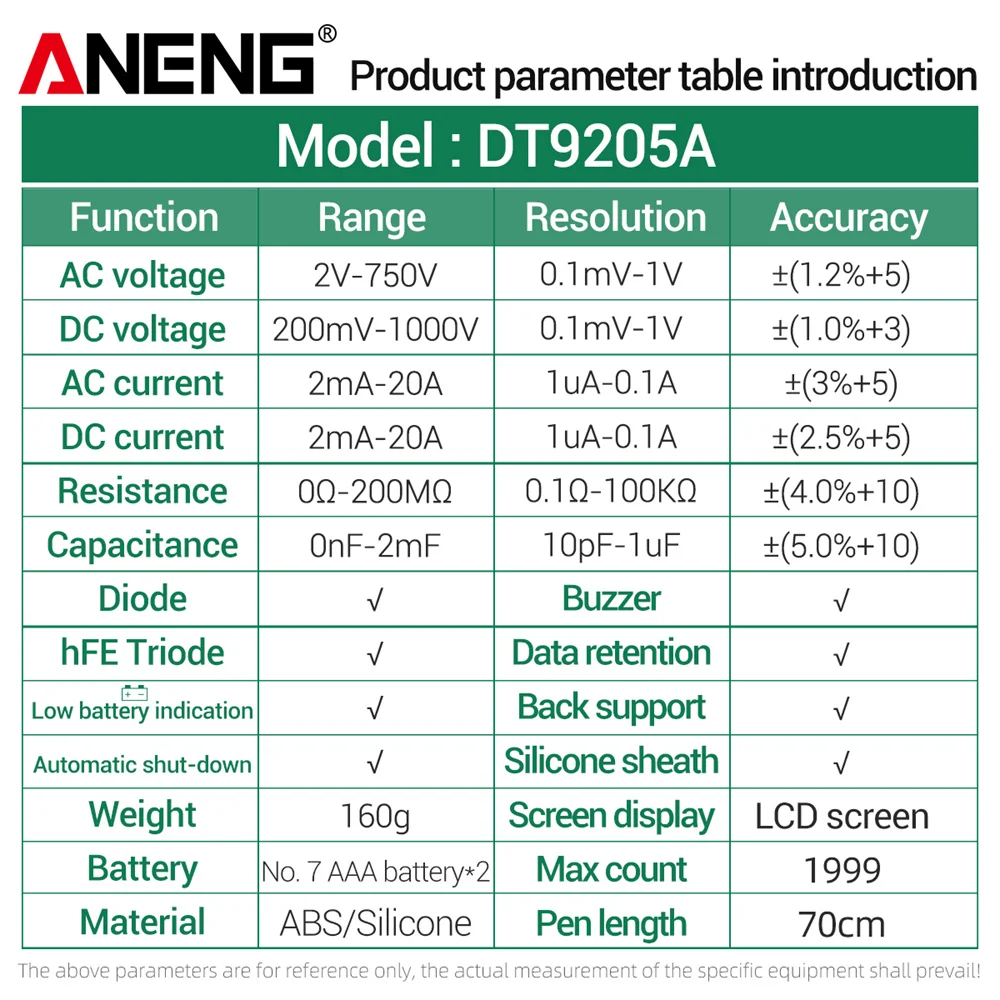 ANENG DT9205A Multimeter Digital Newly HD True RMS Auto AC/DC Voltage Current Tester Ohm Capacitor Voltage Meter Detector Tool