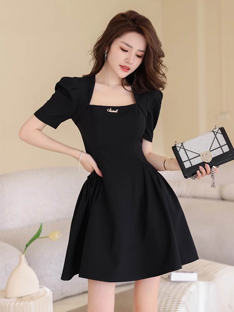 Summer Mini Dress for Women 2023 French Style Sweet Cute White Black Puff Sleeve Folds Pockets Ball Gown Lady Party Club Vestido