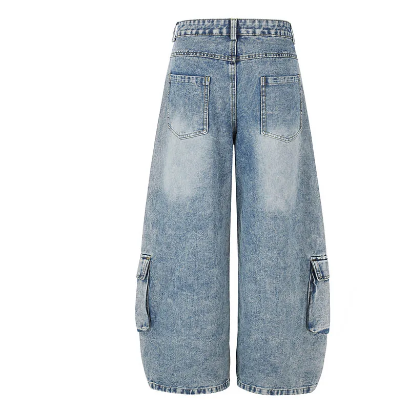 Hip Hop Cargo Casual Jeans Pants Streetwear Vintage Straight Denim Trousers For Male Multi Pockets