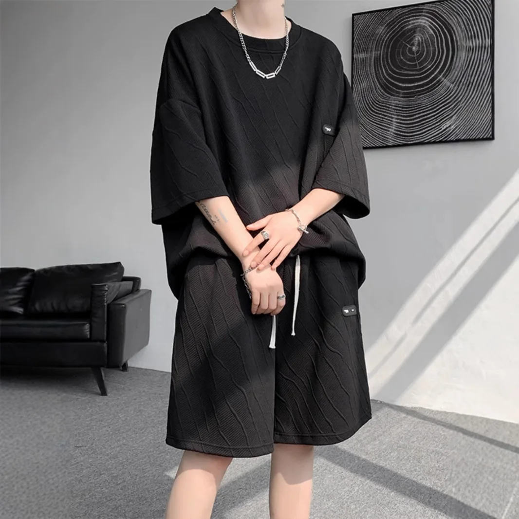 

Мужской жаккардовый комплект из 2 предметов: летний повседневный спортивный костюм в корейском стиле, дышащий тонкий комплект с коротким рукавом