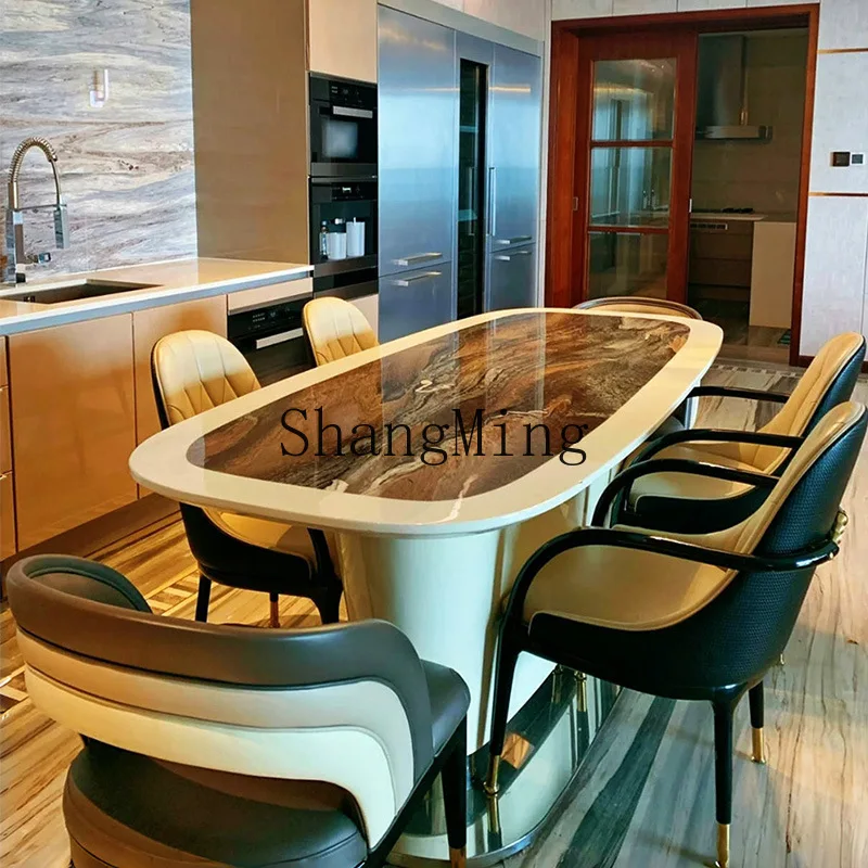 FG good-looking  light luxury high-end marble dining table high-end luxury villa home stainless steel dining table