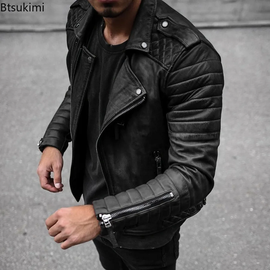 New 2024 Men's PU Leather Jacket Coats Spring Autumn Solid Slim Lapel Motorcycle Coats Casual Windbreak Leather Jacket for Men