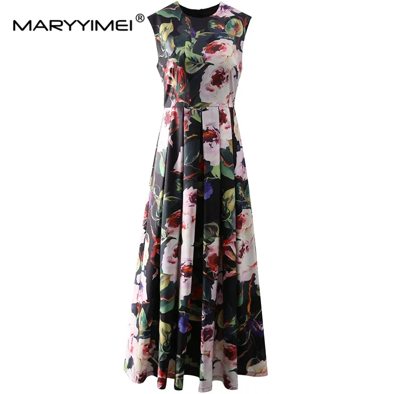 

MARYYIMEI Fashion Designer Women's New Vintage Sleeveless Printed Pleated Elegant Floral Summer Dress A-Line Tank MIDI Dresses