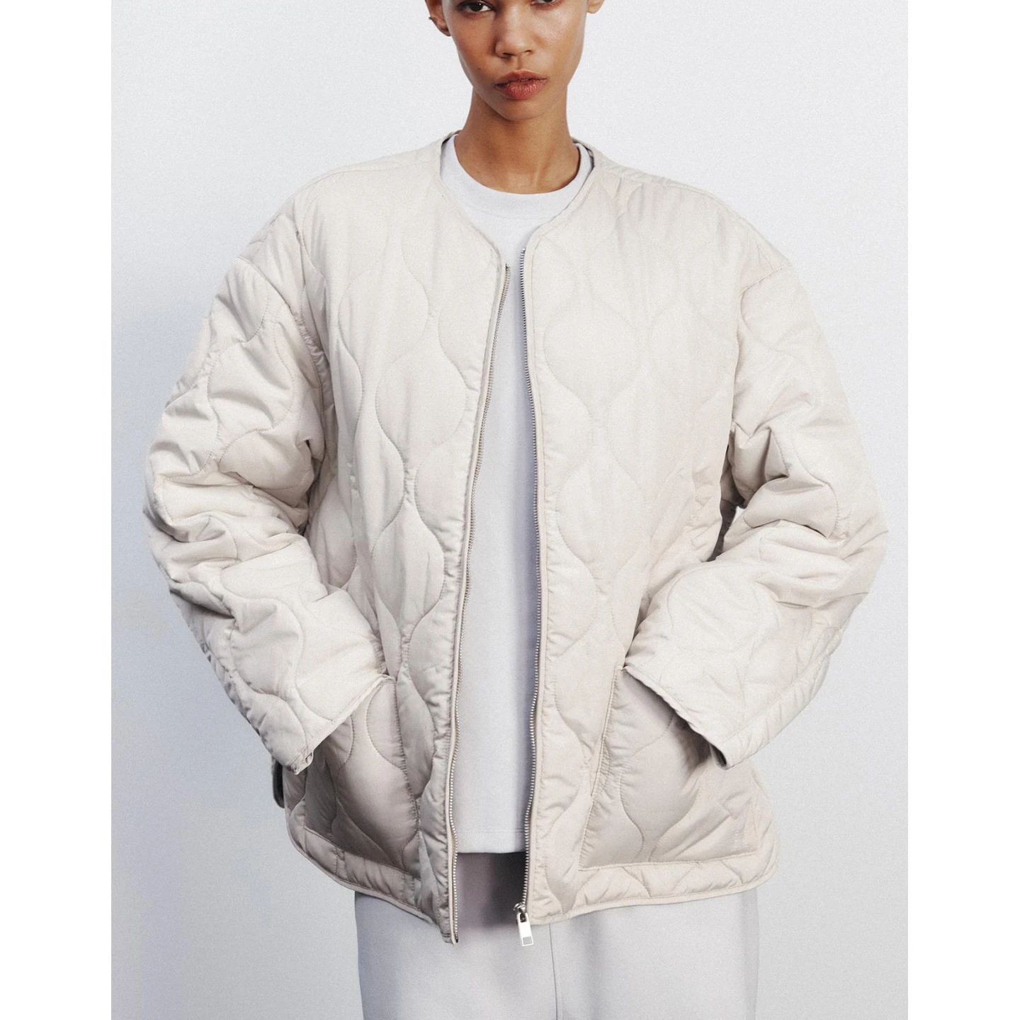 

Spring New Arrival Women's mat Korean Sle Comfortable round Ne Zipper ket Decorated Cotton Jaet Long Sve