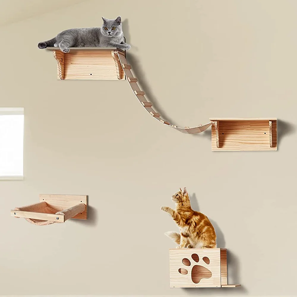 Wall Mounted Cat Shelves and Rope Ladder Scratching Post for Cat Furniture Wooden Jumping Platform Kitty Playing and Sleeping