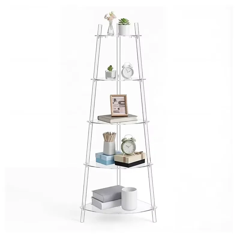 Modern 5 Tier Acrylic Corner Bookshelf Transparent Floor Standing Storage Rack for Living Room Home Office Display Unit