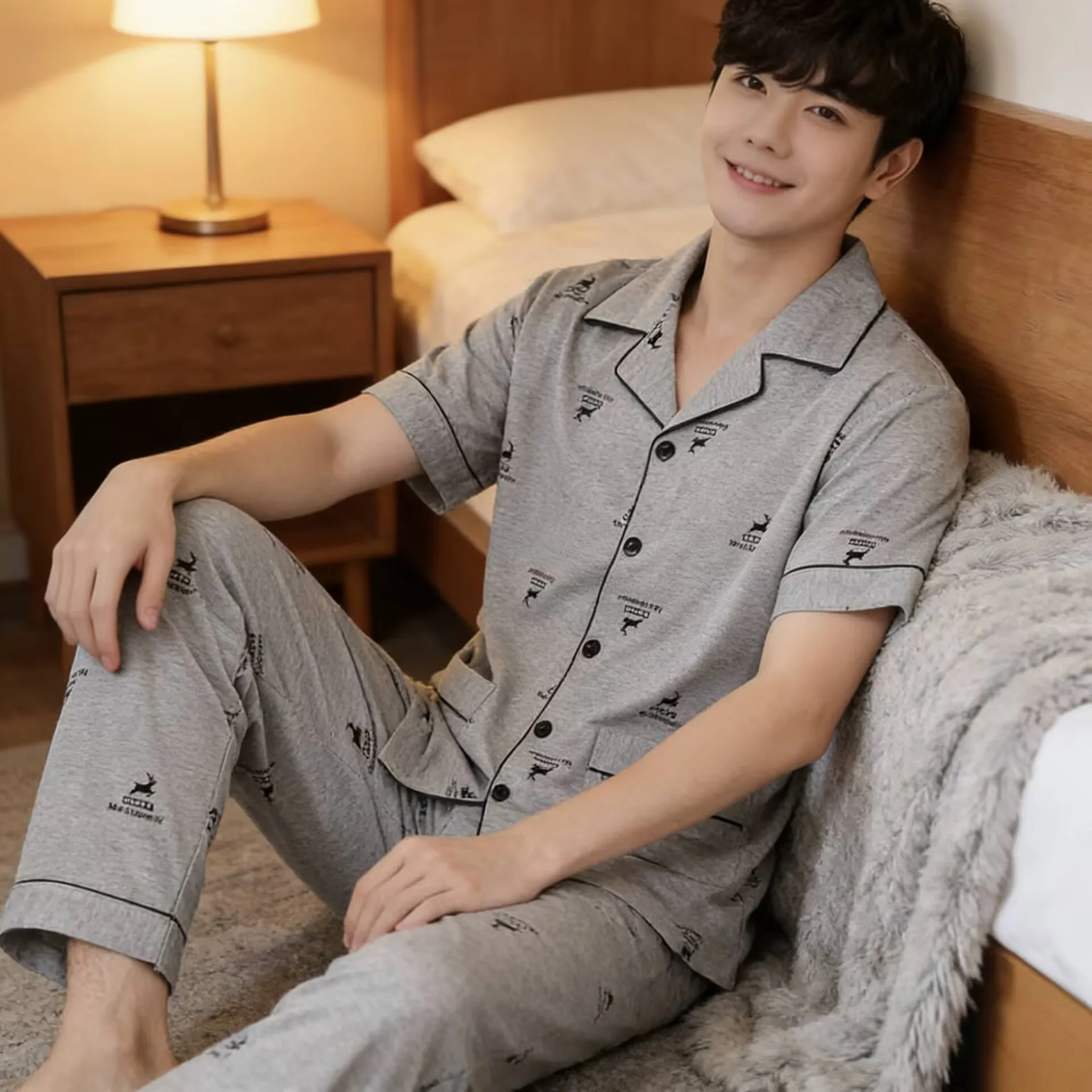 

Мужской летний пижамный комплект: тонкая футболка с коротким рукавом и длинные брюки для мужчин среднего возраста, домашний костюм