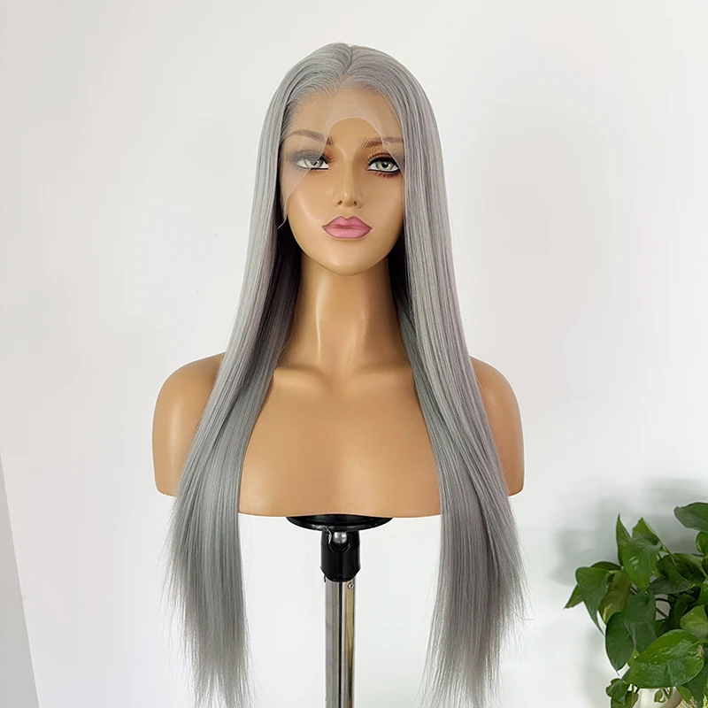Gray Wig Lace Front Women 26 Inches 13*4 HD Lace Front Wigs Long Straight Natural Looking Synthetic Lace Front Wig for Cosplay