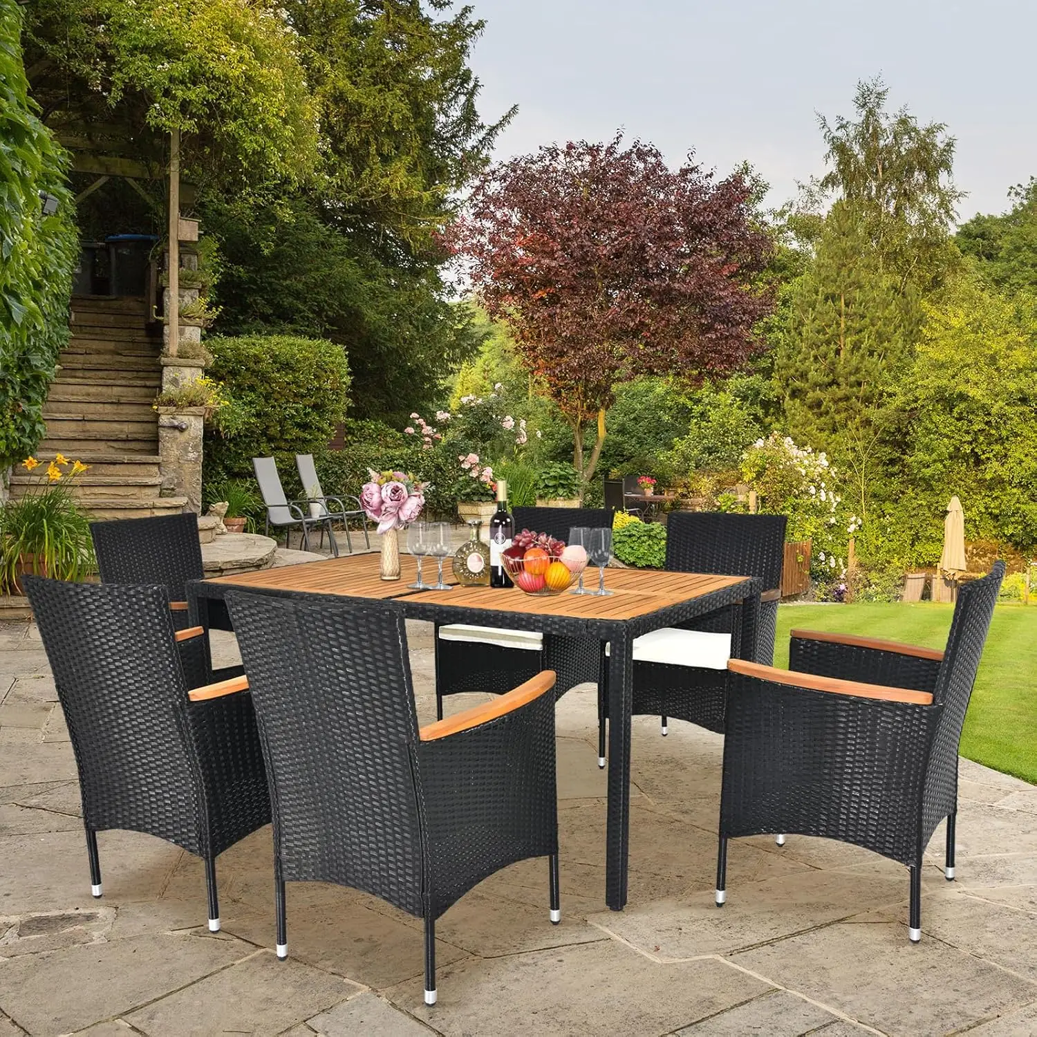 

7 Pieces Patio Dining Set, Wicker Outdoor Dining Set for 6 Patio Furniture Set with Acacia Wood Table Outdoor Table and Chairs f