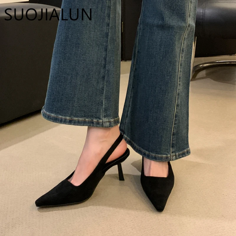 SUOJIALUN Spring New Brand Women Sandal Fashion Pointed Toe Shallow Ladies Elegant Slingback Shoes Thin High Heel Dress Pumps Sh