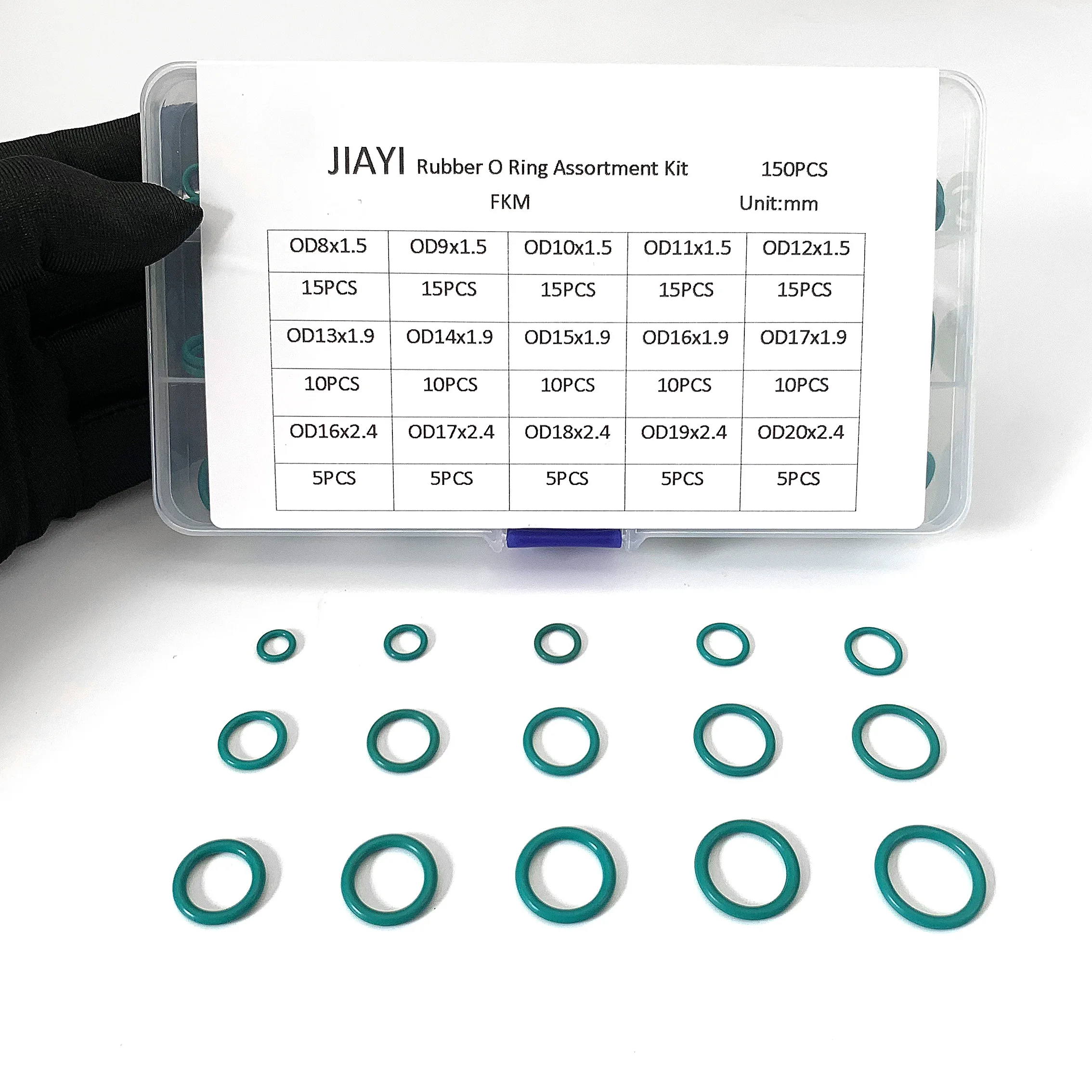 

150Pcs Fluororubber FKM O-Rings Assortment Kit OD 8-20mm CS 1.5/1.9/2.4mm High Temperature Resistant Seals for Mechanical Repair