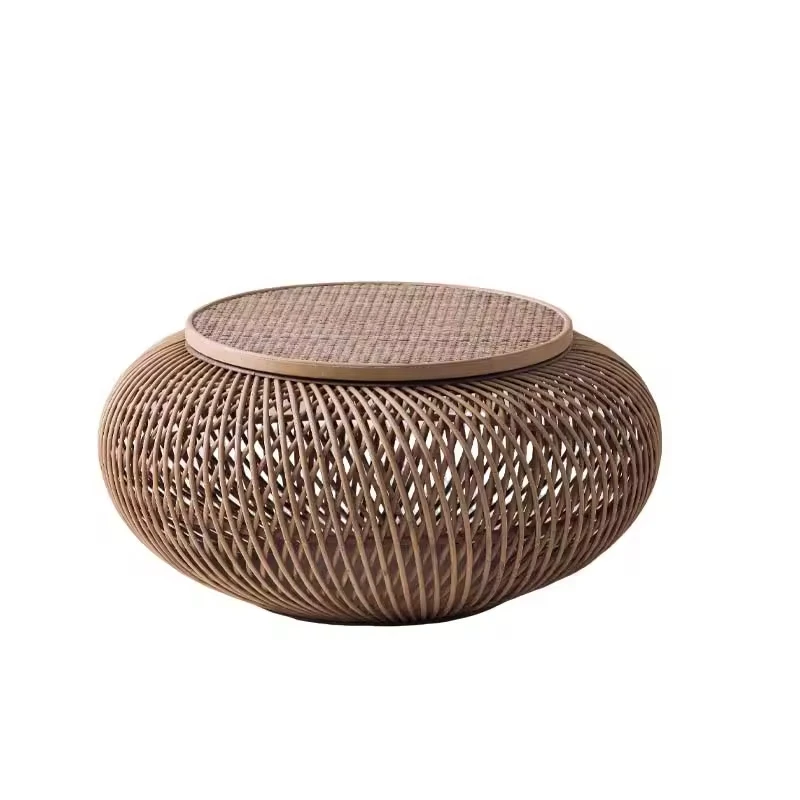 Japanese Hand-Woven Solid Wood Coffee Table Modern Extendable Natural Rattan Durable Eco-Friendly Small Apartment Bay Window
