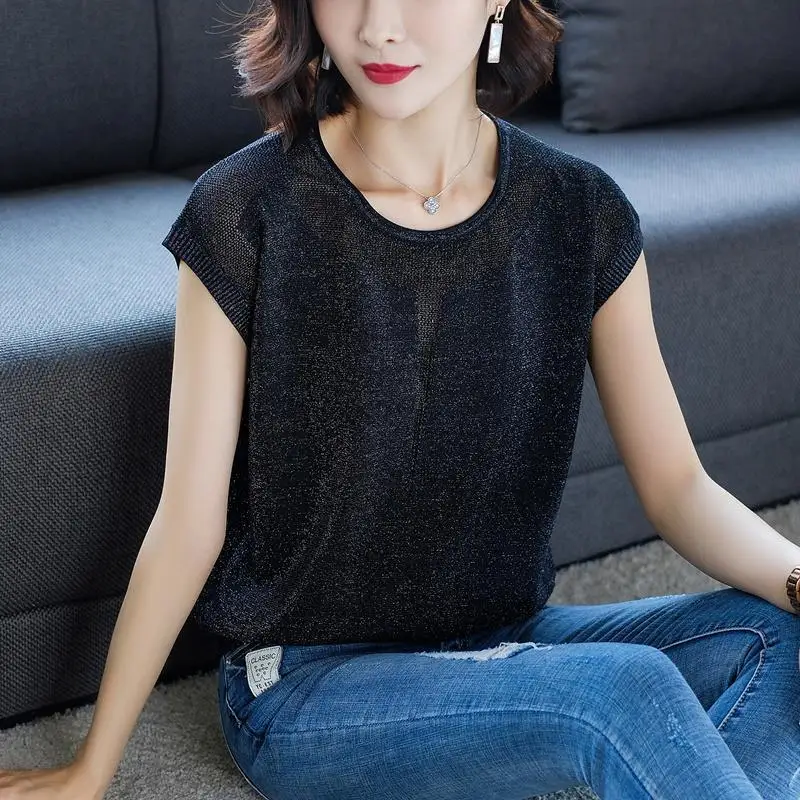 Summer New Bright Silk Female Clothes 2023 Round Neck Hollow Out Casual Tops Women Ice Floss Loose Knitting T-shirt