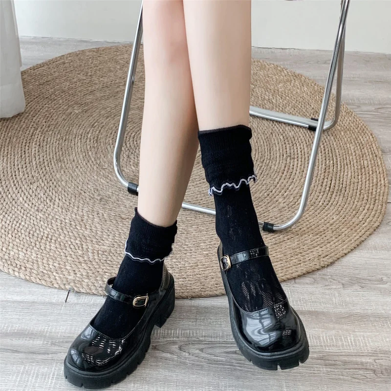 

Женские кружевные носки в японском стиле в стиле Лолиты, молочно-белые кружевные носки до середины икры, короткие двусторонние носки с кружевной отделкой в стиле Лолиты, полые винтажные цветочные носки