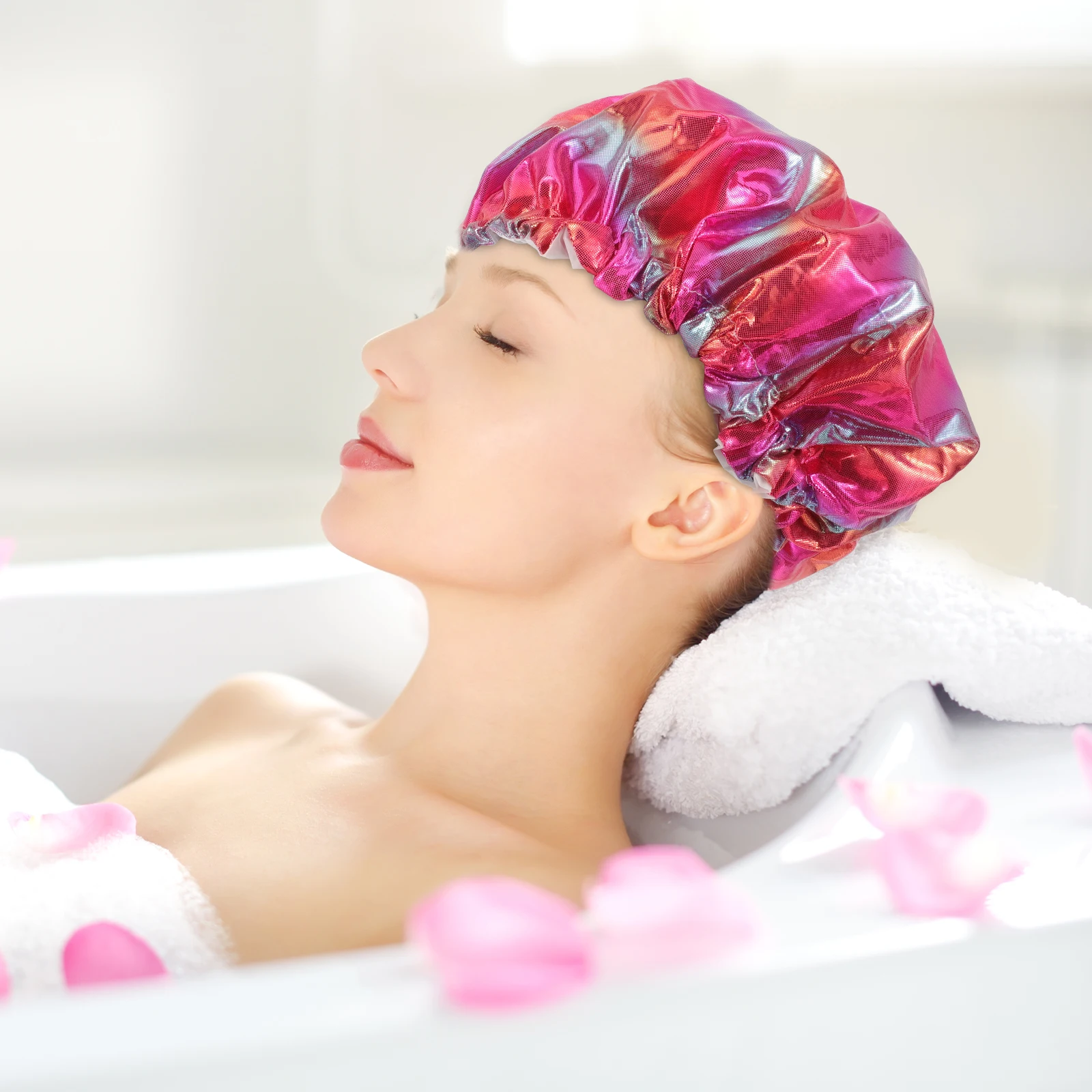 

Waterproof Shower Cap Bath Cap Double Layer Reusable Bat Hat For Women Hair Protection Durable Bathing Caps Elastic Band Stylish