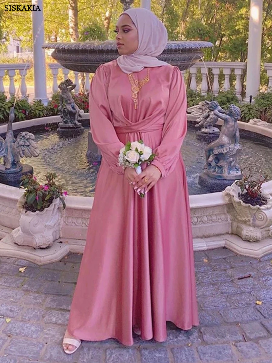 Siskakia Abaya Women Dubai Long Dress Brief Chic Solid Lantern Sleeve Crew Neck Clothing Sashes Evening Party For Muslim Female