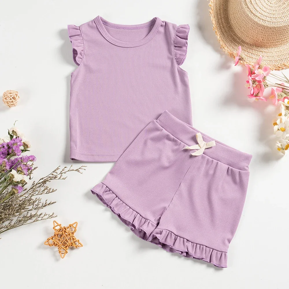 Summer Girls Clothes Sets 2pcs Fly Sleeve T-shirts Ruffle Shorts T-shrits Set Toddler Girl Clothes Suits Sleepwear Kids Clothing