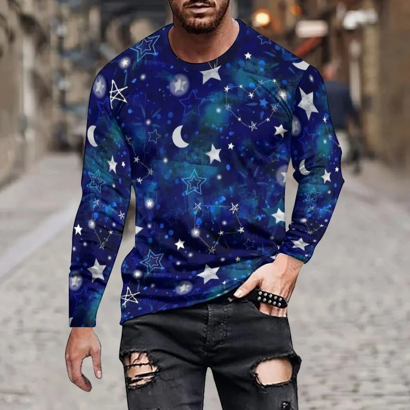 Night Sky Pattern T-Shirt For Men Colorful Star Moon 3D Printed T Shirts Autumn Casual Loose Round Neck Tops Tees Long Sleeves