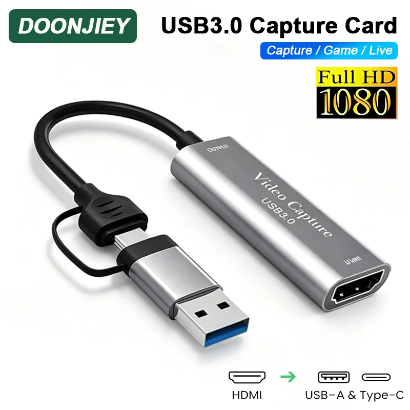 DOONJIEY USB 3.0 Video Capture Card 1080P HDMI to USB/Type-C Video Grabber Box for PC Computer Camera Live Stream Record Meeting