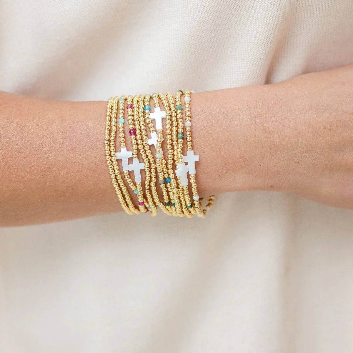 CCGOOD Gold Plated Beaded Cross Bracelet Set Handmade Elastic Bracelets with Shell Cross Natural Stone Beads Jewelry for Women