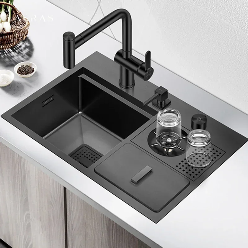 Black Hidden Sink with cover Large Stainless Steel Kitchen Sink Workstation High Pressure Cup Rinser With Trash Can Manufacturer