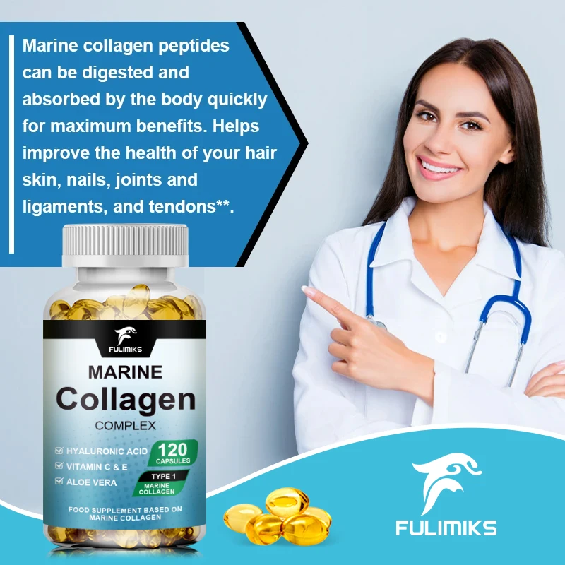 Powerful Marine Collagen Capsules - With Hyaluronic Acid, Biotin & Blueberry, Complex-Hydrolyzed Type 1-With Vitamins & Minerals